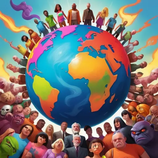 Prompt: A brightly colored sunshiny planet earth surrounded by mean horrible people 