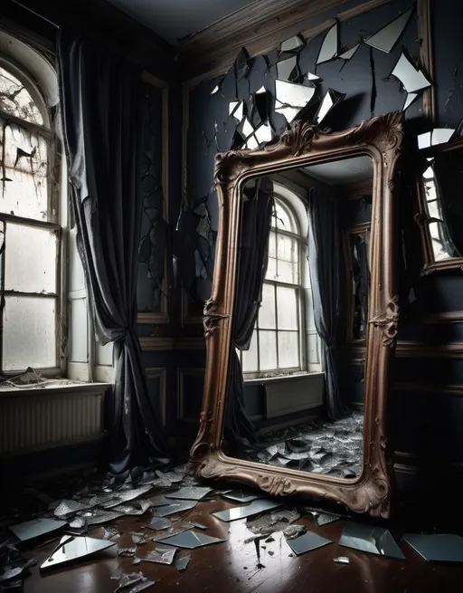 Prompt: Grungy Dark colors
Dramatic harsh lighting 

Main subject is A Shattered mirror Shows many flaws while hanging on a delicate Victorian Style wallpaper 

Image evokes Feelings of broken but good intentions.  