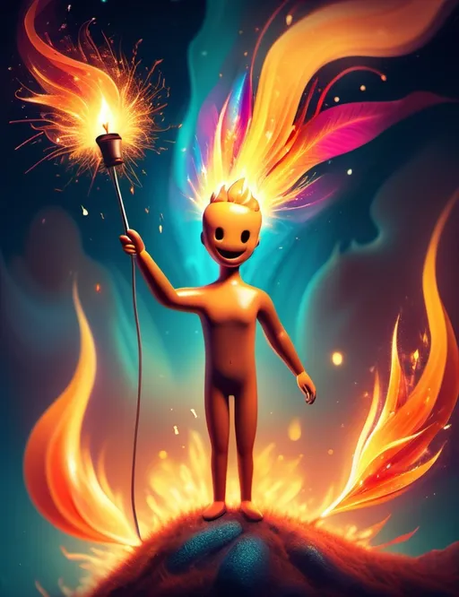 Prompt: Surreal imagination dreamscape. The image Evokes a feeling of Trust and self worth. An overall sense of happiness about life. Anthropomorphic self fanning tiny, inner sparks of possibility into flames of achievement showing a sense of movement and enlightenment. Micro view. Bright  intense hues.