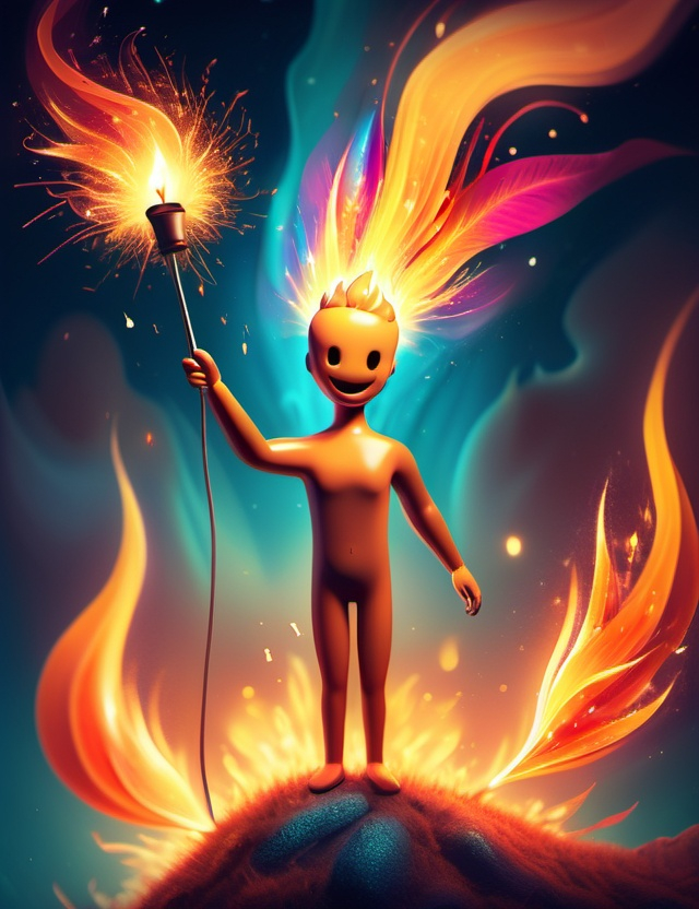 Prompt: Surreal imagination dreamscape. The image Evokes a feeling of Trust and self worth. An overall sense of happiness about life. Anthropomorphic self fanning tiny, inner sparks of possibility into flames of achievement showing a sense of movement and enlightenment. Micro view. Bright  intense hues.