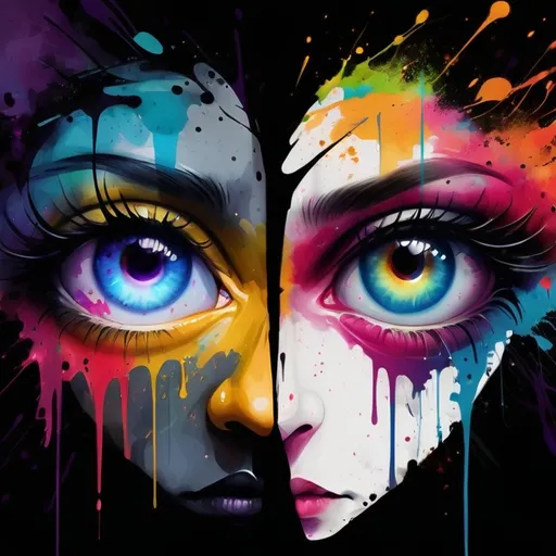 Prompt: digital watercolor painting, two eyes look into frame, you can see the world depicted in their eyeballs, a changing world, time, paint splatter, bright colors bold brush strokes, gothic