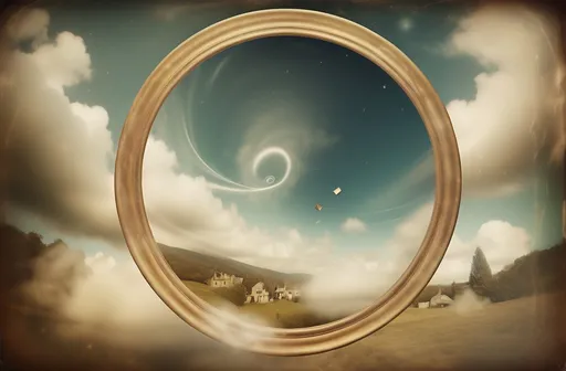 Prompt: Feelings of nostalgia evoking disjointed memories. Lost antique photos whirl around a dreamscape displaying ephemeral composition. Dream like