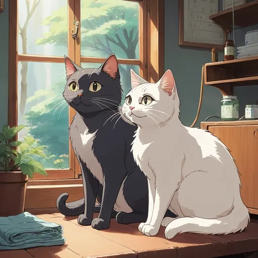 Prompt: 2d studio ghibli anime style, Male cat with a super long tail, female cat with really short tail, anime scene, happiness, cute, medical 