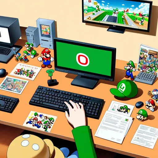 Prompt: anime, Japanese illustration , Home office setting, aerial view, metallic hues, computer and keyboard sits on a desk, female hands typing on the keyboard, a document is open on the computerMario and Luigi dolls next to computer, cute Nintendo characters decorate table top, simple background.