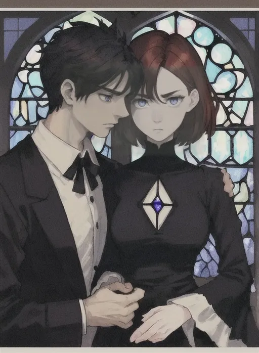Prompt: A man with short dark hair and brown eyes with tan skin and a stubbled chin, clad in a black shirt with a button-down collar, gazes directly into the blue eyes of a woman with asymmetrical auburn hair style and pale skin wearing punk style dress. They gaze upon each other with a contemplative, serious and yearning expression. Their attire suggests a formal cathedral. The background reveals cathedral stone walls with harsh Moonlight keeping through broken stained glass windows, characterized by an ornate, patterned room. The composition captures the man and woman’s upper body and face, with a slight tilt of the angle adding depth to the image, creating a mood that feels introspective and slightly intense. The overall color scheme is subdued, dominated by dark tones contrasted by light from moon, enhancing the emotional gravity of the moment.
