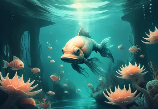 Prompt: An underwater fantasy lands.digital artwork inspired. The image evokes a feeling of lightness and oddness. beautiful imaginative creatures swim through water. fantasy art.