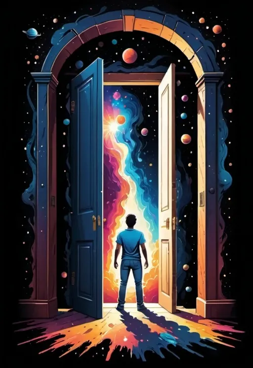 Prompt: Figure standing in doorframe showcasing Opened doors revealing the universe.  Fantasy. Vibrant. Space theme 