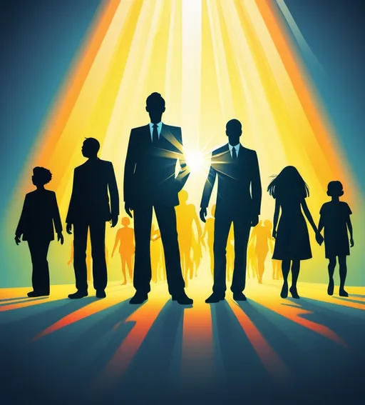 Prompt: large number people, silhouettes. Bright tones and a rays of light. Illustration.