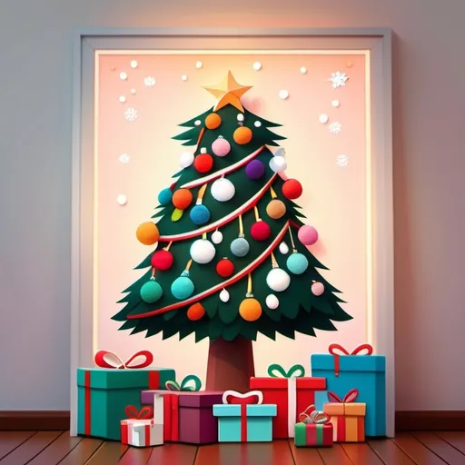 Prompt: Christmas tree lit with white lights and decorated with multicolor ball ornaments stand in the center of the frame surrounded by cute wool felt Christmas presents. Presents wrapped in fuzzy fabric, felt. Christmas. Christmas colors. Anime illustration.