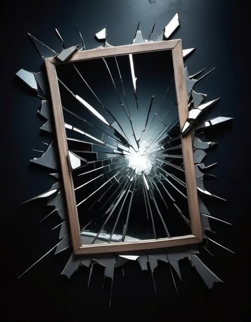 Prompt: Aerial view 
Dark colors
Dramatic lighting 
Feelings of broken but good intentions. 
Shattered mirror as main subject and Shows many flaws.
