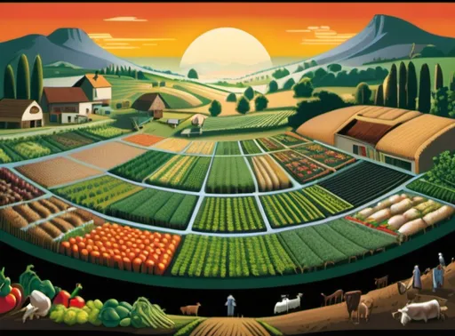 Prompt: Giant computer serves as the background of the Image and displays a sunrise on the black screen. The middle ground.depicts a rolling lush landscape filled with vegetables and crops. In the foreground there are Cows and chickens and goats and horses and sheep graze the growing crops through the hill.  Reminiscent of Old Macdonalds Farm.