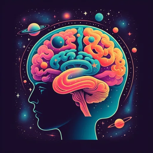 Prompt: vintage illustration of Bright colors, space, universe, mysterious, Mystery creates wonder, wonder is the basis of man's brain, desire, understanding
