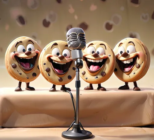 Prompt: Four cheerful, anthropomorphized chocolate chip cookies with bright eyes and wide smiles stand in front of a microphone, suggesting a fun performance or karaoke scene. Each cookie has tiny legs and arms, adding to their playful character, while the backdrop features a simple, neutral-toned environment that focuses attention on the cookies. The warm golden-brown color of the cookies contrasts nicely with their dark chocolate chips, and the overall composition exudes a lighthearted, whimsical energy. The lighting is bright and inviting, enhancing the jovial atmosphere as these sweet treats seem ready to entertain an eager audience.