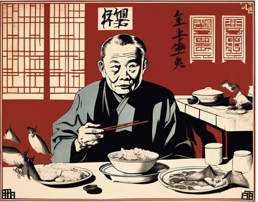 Prompt: Chinese propaganda poster. In a carry out kitchen sits an older Chinese male at a table. The figure stares upon his plate and sees two bats. With a pair of chopsticks, he begins eating the bats from his plate.

style propaganda, COVID
