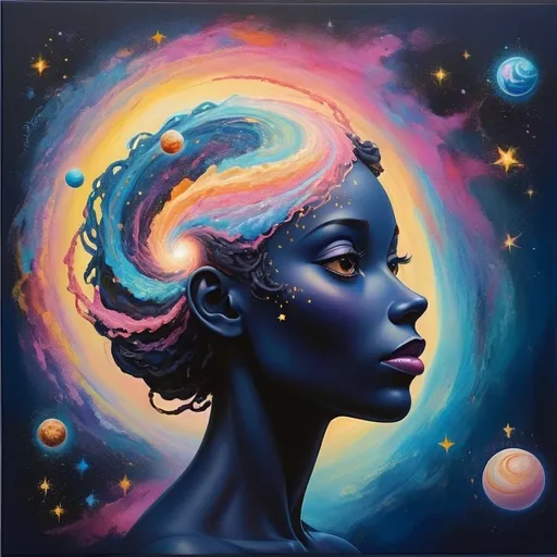 Prompt: Dreamy pastel portrait, A silhouette of a human head emerges against a deep navy blue background, intricately filled with vibrant cosmic elements (stars, planets) that appear to spiral and swirl exuberantly from the top. The colorful arrangement features bright pinks, blues, and yellows that resemble planets, stars, and galaxies, creating an impression of a universe bursting from the mind. Fine stars enhance the mystical aura, while the overall composition evokes a sense of creativity, imagination, and the infinite possibilities of thought. The contrast between the dark backdrop and the lively colors emphasizes the theme of exploration and inspiration, inviting viewers to ponder the interconnectedness of the universe and the human experience.