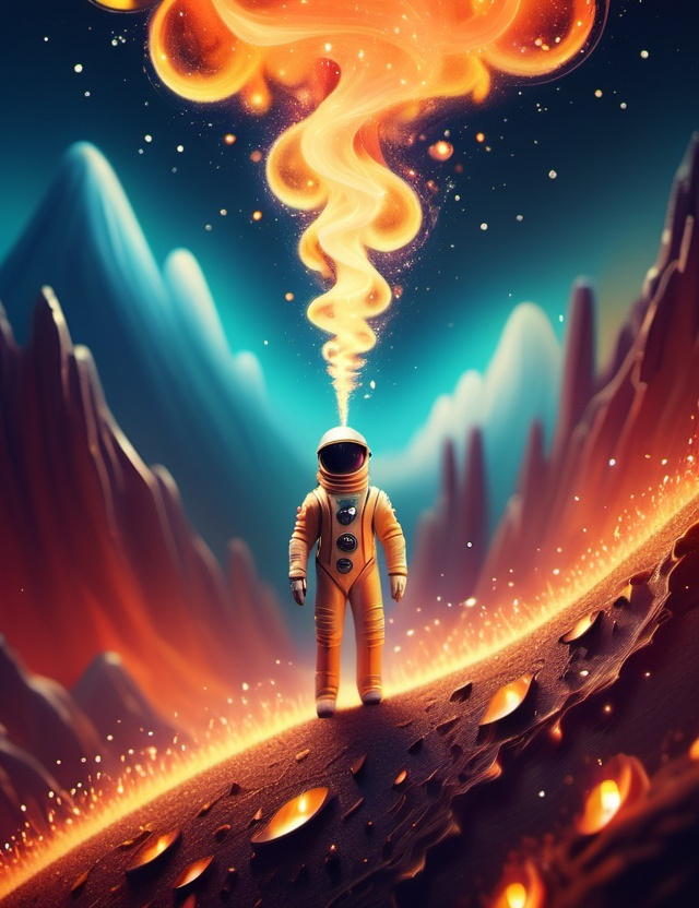 Prompt: Surreal imagination spacescape. Evokes a feeling of Trust and self worth. An overall sense of happiness about life. Anthropomorphic self fanning tiny, inner sparks of possibility into flames of achievement. Macro view, intense hues.