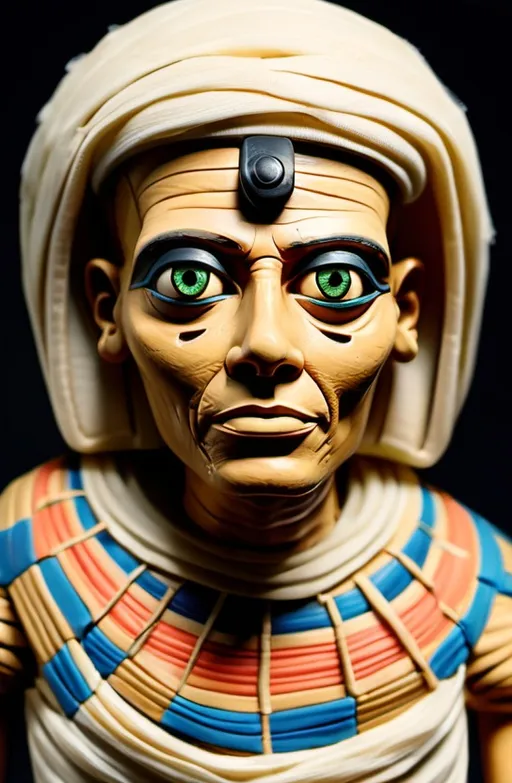 Prompt: Egyptian carved mummy with onions, instead of eyes, woven gauze bandages, creased wrinkled, Egyptian to setting, scarabs,stop-motion animation
