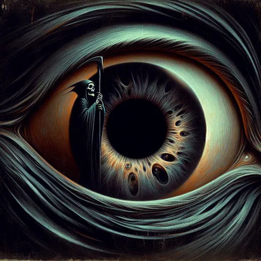 Prompt: Dilated pupil. Death. Grim reaper. Dark colors. Gothic Surrealism 
