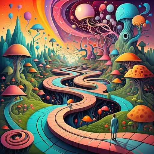 Prompt: An imaginative landscape with many pathways leading to a central knowledge source. The paths are littered with many minds roaming along neuro pathways. Humor. Fantastical dreamscape.  imagination. Bright color scheme. Surrealist art movement. 