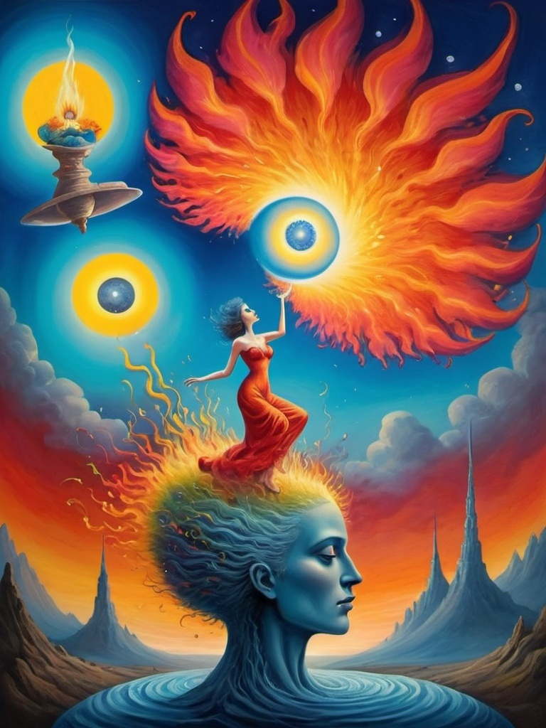 Prompt: Art style of Salvadore Dahli.
 Surrealist art movement. 
A dreamscape of imagination that Evokes a feeling of Trust and self worth. An overall sense of happiness about life. 

A self fanning tiny, inner sparks of possibility into flames of achievement showing a sense of movement and enlightenment. surreal. Fantasy. Bright colors. 