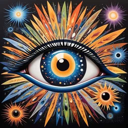 Prompt:  A striking set of stylized eyes serves as the central focus, featuring an iris that vividly incorporates an image of the Earth and universe. The image portrays the changing of a season from winter to spring to summer to fall. The detailed black pupil draws attention, surrounded by a radiant burst of bright colors resembling the image of universe and sun's rays, enhancing the set of eye's impact.
