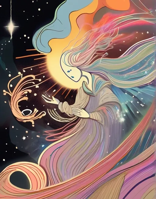 Prompt: Background consist of a changing universe. An Ethereal anthropomorphic figure Holding open package depicting Tendrils of smoke and Stardust rise in trails rise from package. Dramatic, lighting and brake colors. There is an overall sense of change and self. 