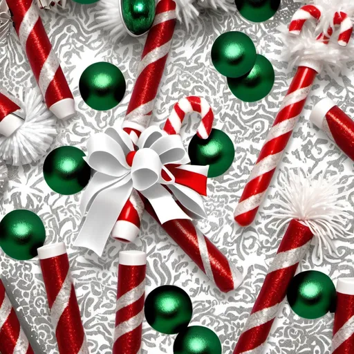 Prompt: Christmas theme, decorated candy cane striped toile, white cotton tampons with tinsel string, silver tinsel, red tinsel, green tinsel, red splatter.