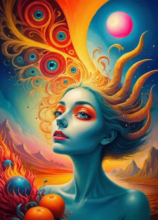 Prompt: Art style of Salvadore Dahli.
 Surrealist art movement. Fantasy. 
A dreamscape of imagination that Evokes a feeling of Trust and self worth. An overall sense of happiness about life. 
A self emmits tiny, inner sparks of possibility into flames of achievement showing a sense of movement and enlightenment. surreal. Fantasy. Bright colors (oranges, yellows, reds, teals, blues, white, pink, bright green.)