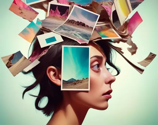 Prompt: Evokes curiosity and remembering. Image reflects twisted Warped memories emerging from an exposed head. Surreal dreamscape. Vibrant. Collage. Background is a Collage of torn polaroid pictures.   