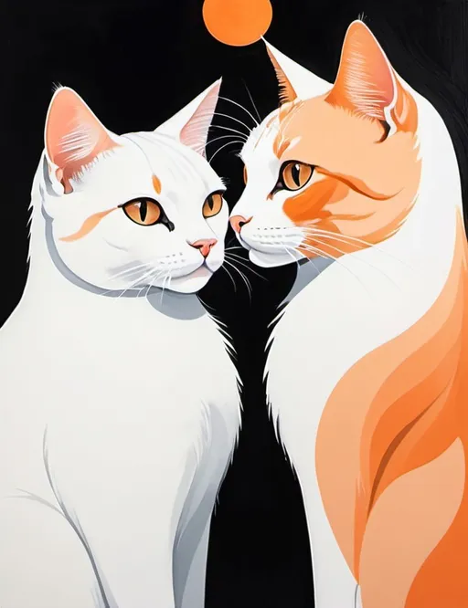Prompt: Two charming cats sit close together, their expressions full of curiosity and affection, as they engage in a gentle gaze that suggests a deep connection. One cat has a striking white coat with long tail while the other is predominantly black with white accents and short stubby tail, creating a visually appealing contrast. The background features a warm, peachy-orange circle, accented by soft clouds and delicate floral elements, evoking a serene atmosphere. The illustration employs a bold, cartoonish style with clean lines and a limited color palette, enhancing the enchanting quality of the scene. Overall, this composition conveys a sense of companionship and tranquility, inviting viewers to admire the bond between the two felines.
