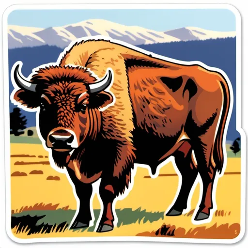 Prompt: A cow-bison hybrid, beefalo set on a California ranch, 1970’s illustration 