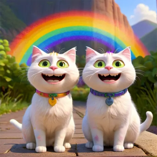 Prompt: 1 all white male and 1 all white female happy cats doing human things and a happy smile, vibrant colors, sunny, rainbows 