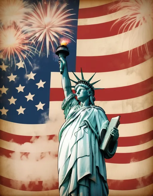 Prompt: red, white and blue. American Independence and American freedom. American flag. Statue of Liberty. Patriotism. Fireworks. vintage background