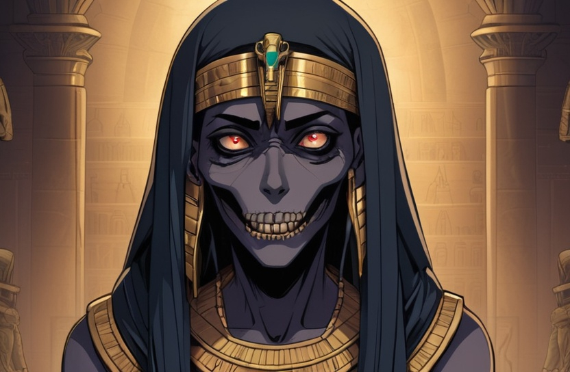 Prompt: 2d dark j horror anime style, Egyptian, mummy macro, gothic 