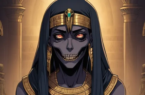 Prompt: 2d dark j horror anime style, Egyptian, mummy macro, gothic 
