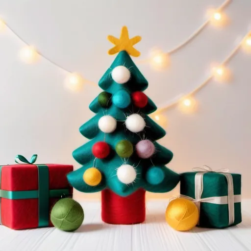 Prompt: Wool felt Christmas tree lit with white lights and decorated with multicolor ball ornaments stand in the center of the frame surrounded by cute wool felt Christmas presents wrapped in fuzzy fabric, felt. Christmas. Christmas colors.