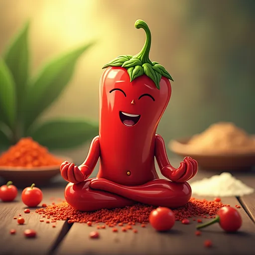 Prompt: Spices in background, cartoon chilli pepper meditating.