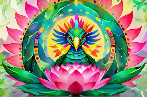 Prompt: Digital watercolor. Aztec vibes. Radiating vibrant hues, a mythical Quetzalcoatl. The background glows softly with ethereal light, enhancing the whimsical atmosphere, while delicate pink lotus flowers bloom at the base, suggesting a serene and enchanting environment. This vividly colorful scene blends fantasy and nature, evoking a sense of wonder and beauty, as if capturing a moment from a magical realm.