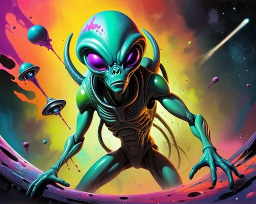 Prompt: Alien abduction. Alien using a Probe. Space vibes
Graffiti illustration. Vibrant colors. Splatter.