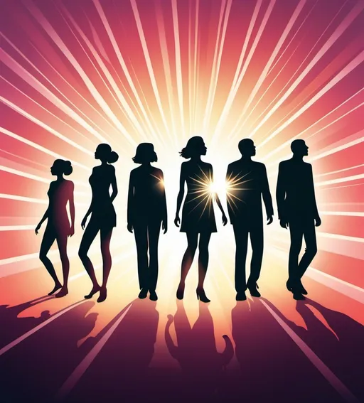 Prompt: large number people, silhouettes. Bright tones and a rays of light. Illustration.