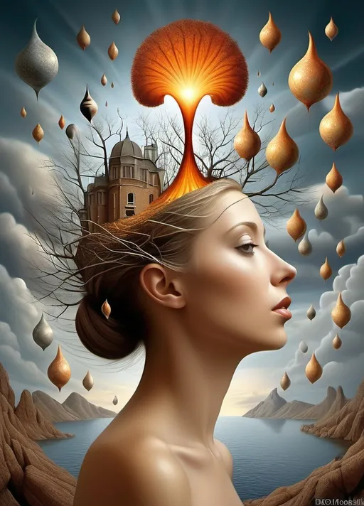 Prompt: Art style of Igor Morski’s. Surrealist neo-surrealism, modern surrealism, art movement. 
Fantasy.
A dreamscape of imagination that Evokes a feeling of Trust and self worth. An overall sense of happiness about life. 
A self emmits tiny, inner sparks of possibility into flames of achievement showing a sense of movement and enlightenment. surreal. Fantasy. Bright colors (oranges, yellows, reds, teals, blues, white, pink, bright green.)