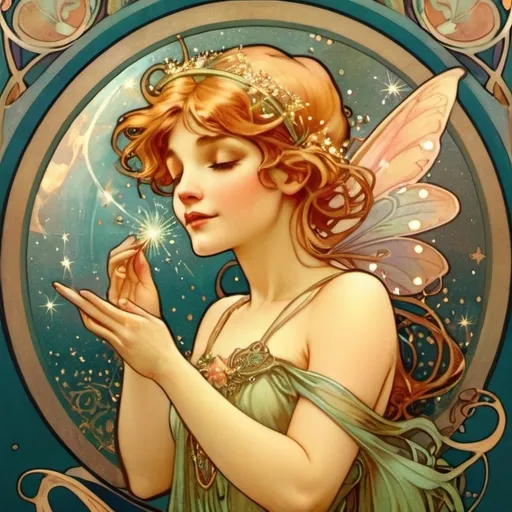 Prompt: Alphonse Mucha Style, art nouveau illustration of a fairy sprinkling pixie dust over the world, hope, love, trust, faith