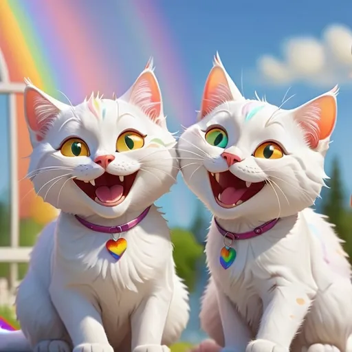 Prompt: Two all white happy cats doing human things and a happy smile, vibrant colors, sunny, rainbows 