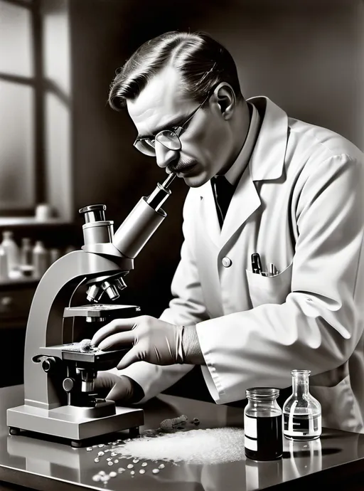 Prompt: Vintage medical illustration. Male scientist. Lab setting. On steel table with microscope sits a cup with mold and liquid spewing from the top onto the table