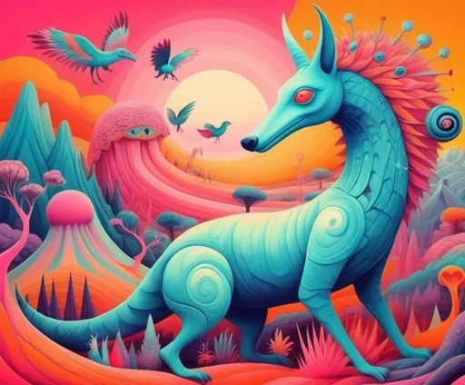 Prompt: Surrealism. Strange and odd vibes. dreamscape. Mythological and fantasy animal like creatures. Bright happy colors.