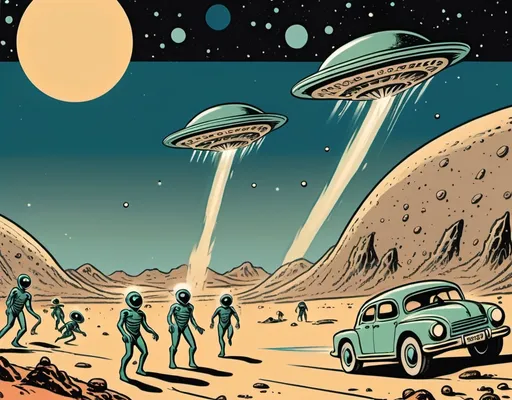 Prompt: Comic strip. Panel depicts aliens landing to Earth. Pulp style.