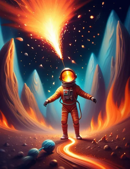 Prompt: Surreal imagination spacescape. Evokes a feeling of Trust and self worth. An overall sense of happiness about life. Anthropomorphic self fanning tiny, inner sparks of possibility into flames of achievement. Macro view, intense hues.