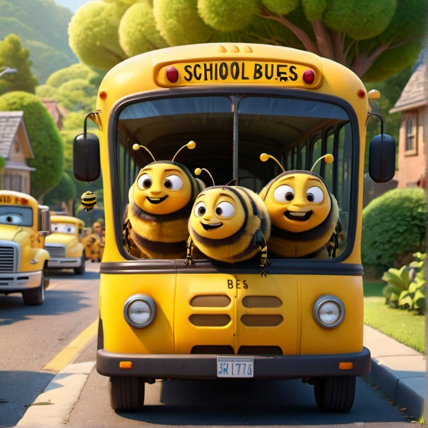 Prompt: Cartoon bees with human characteristics looking out school bus window as the school bus drives down the street. Beautiful lush garden background with sunny, natural lighting.