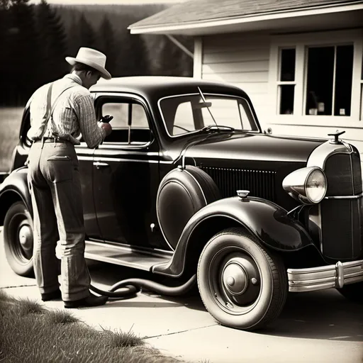 Prompt: Setting: rural gas station 
Main subject: A vintage car with flat tire. Car Tire is being inflated by an air pump. style: Antique photo, vintage. Lighting: natural 