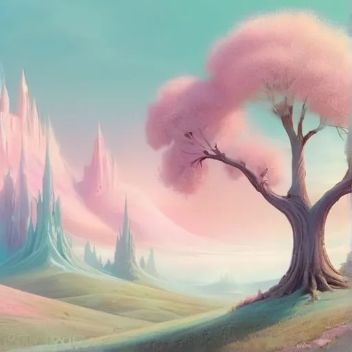 Prompt: Dreamy pastel landscape, magic, Whimsical, surreal, World, Wonder, change, love, humanity